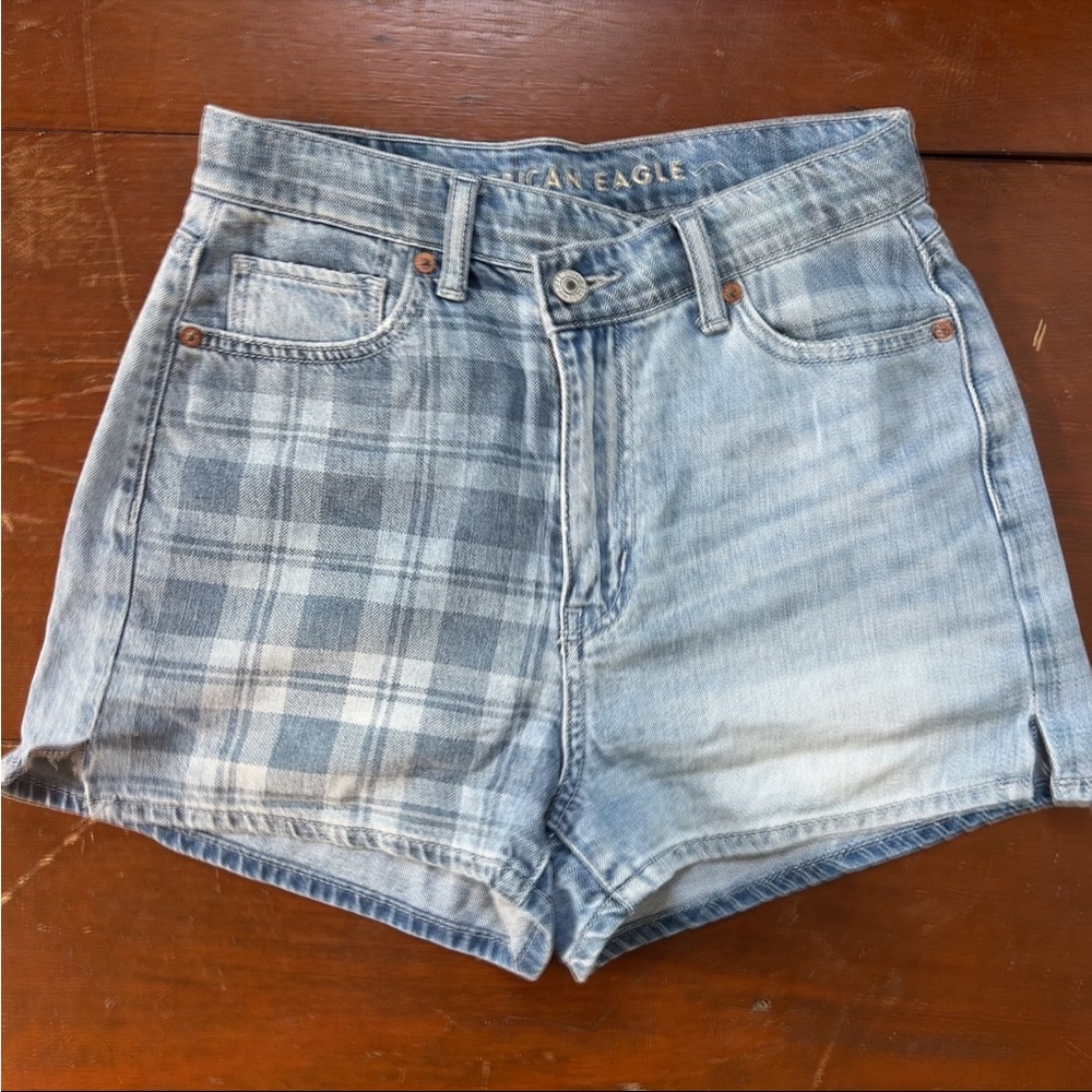 American Eagle Outfitters Light Blue Plaid Jean Shorts